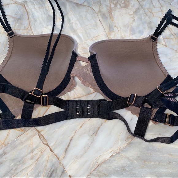 32B Bra Rare Very Sexy Bra strappy chain caged brown lace - Picture 6 of 8